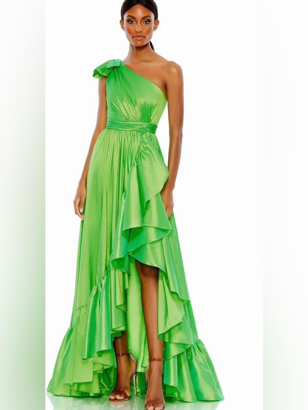 MAC DUGGAL Dress Size 4 Evening Gown NEW Green Bow One Shoulder Ruffle